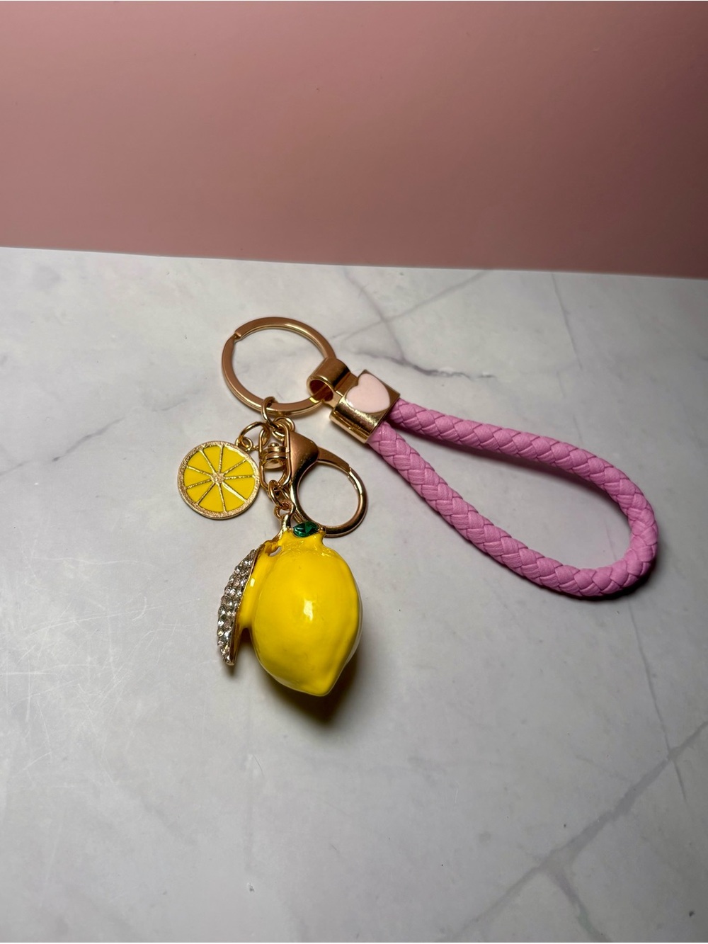 🍋🩷 Yellow Lemon Bag Charm Keychain with Pink Braided Loop